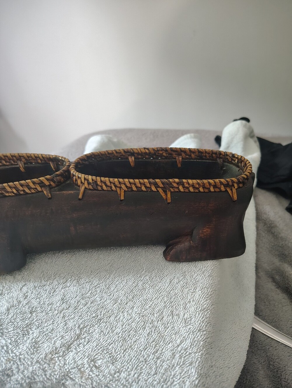 Wooden Pig Planter with Woven Rim - Rustic Brown - Picture 5 of 9
